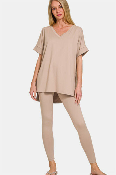 V-Neck Rolled Short Sleeve T-Shirt and Leggings Set