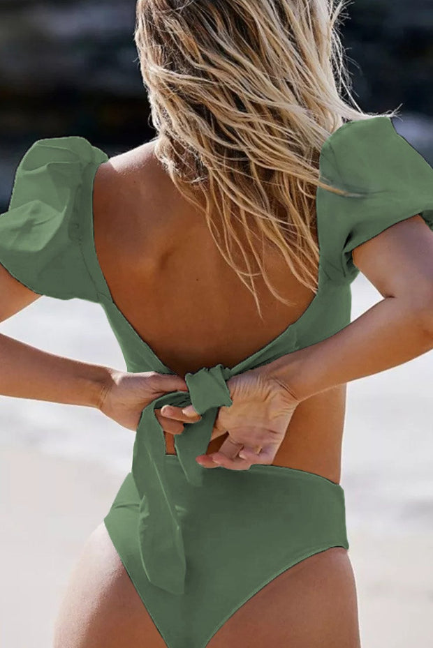 Green Bubble Sleeves High Waist Bikini