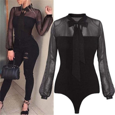 Sexy Leotard Tulle Long Sleeve Bandage Top Bodysuit