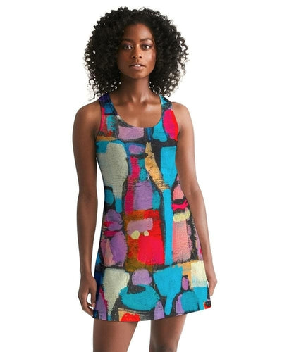 Edgy Geometric Racerback Dress – Multicolor Chic
